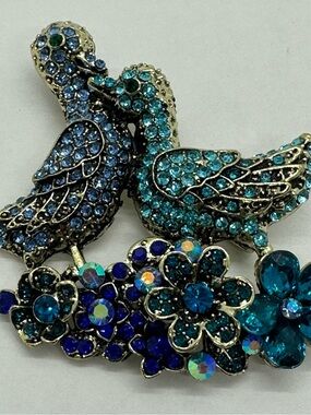 Blue and Teal Crystal Bird & Flower Brooch - Women's Jewelry